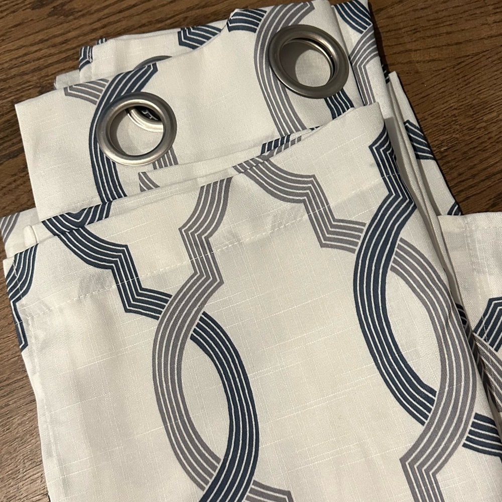 84”x48” curtains with gray and blue pattern. 4 curtains- 2 sets available.